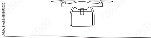 Flying drone delivering box package one continuous line art, Vector illustration, One line art, Line art graphic style