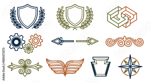 Collection of decorative emblems and design elements on black background