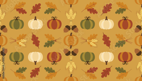 Seamless autumn harvest pattern with pumpkins fall leaves acorns and wheat on a warm background