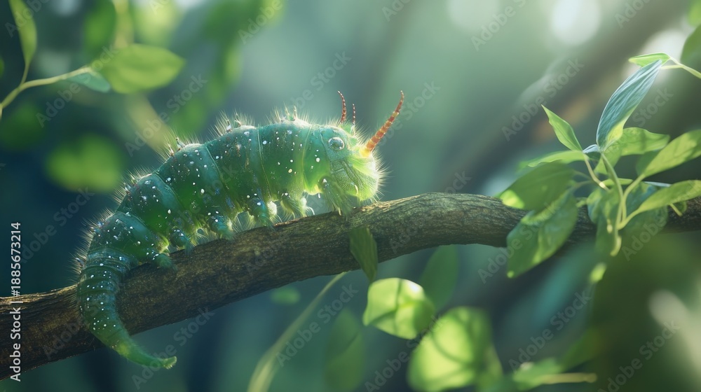 Fototapeta premium A vibrant, fantastical caterpillar traversing a branch. Lush, emerald leaves frame the creature, bathed in soft sunlight