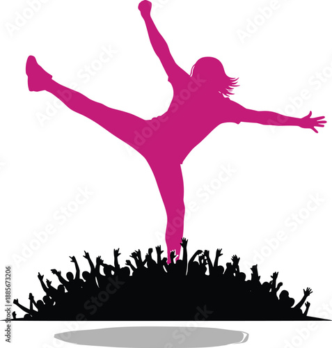 Silhouettes of cheering crowd at music festival party jumping for Happy New Year celebration and red raised fist for political protest and human rights