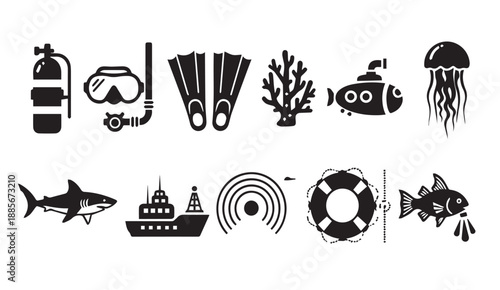 Collection of ocean icons including scuba diving gear, coral, submarine, and marine life