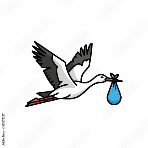 Stork flying with a baby bundle in its beak delivering a newborn.