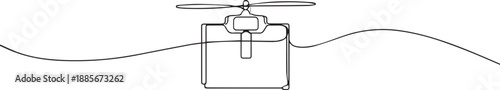 Flying drone delivering box package one continuous line art, Vector illustration, One line art, Line art graphic style