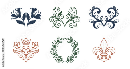 Decorative ornamental design elements in various colors and shapes