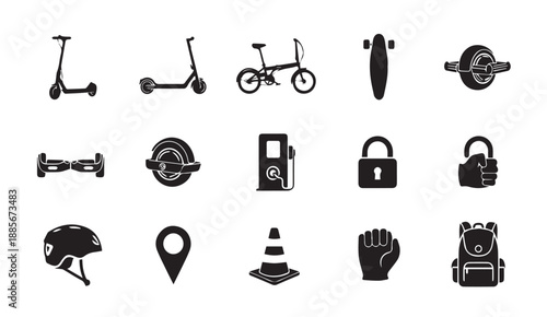 Collection of modern transportation and safety icons including scooters, bicycles, helmets, and locks.