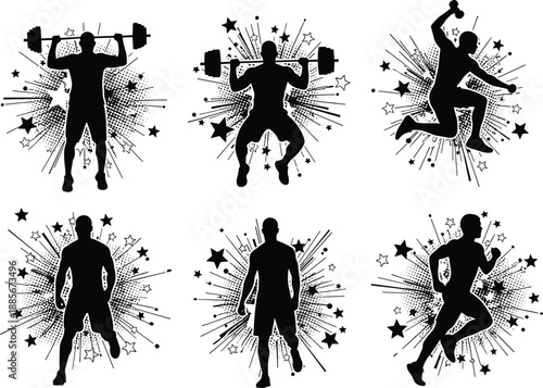 Strong Male Athlete Silhouettes Weightlifting Running and Jumping with Energetic Starburst and Star Graphic Elements for Fitness Gym and Success Concepts