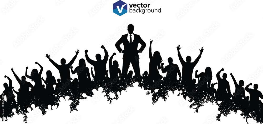 Obraz premium Successful businessman leader silhouette standing in front of cheering crowd, concept for leadership, achievement, professional victory, public speaking, corporate management, and audience engagement