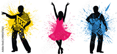 WebStylish People Silhouette Set with Colorful Paint Splatter Backgrounds Featuring Abstract Geometric Patterns and Trendy Fashion Poses for Creative Graphic Design