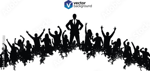 Successful businessman leader silhouette standing in front of cheering crowd, concept for leadership, achievement, professional victory, public speaking, corporate management, and audience engagement
