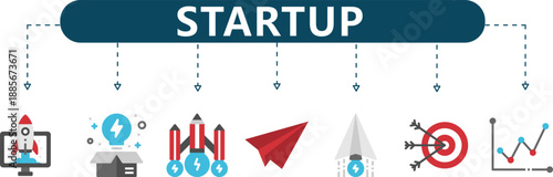 Startup Growth & Innovation Infographic with 7 Icons – Rocket, Lightbulb and Target for Pitch Decks, Entrepreneurship Workshops and Business Scaling Presentations