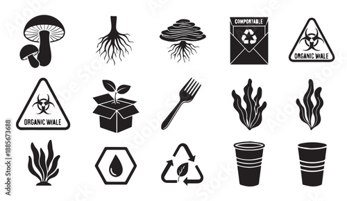 Black vector icons depicting eco-friendly symbols and organic waste management