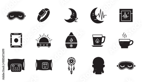 Black vector icons depicting various sleep and rest concepts on white background.
