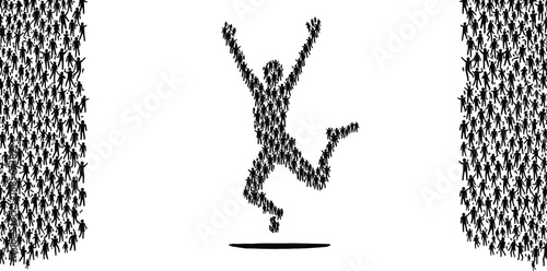 Successful jumping man silhouette formed by large group of people icons, representing community success, collective achievement, teamwork, human connection, and social networking growth