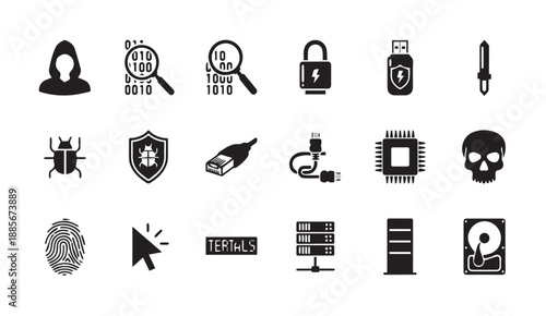 Black vector icons for cybersecurity, hacking, and data protection concepts