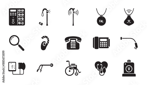 Collection of black and white icons for business, communication, health, and technology