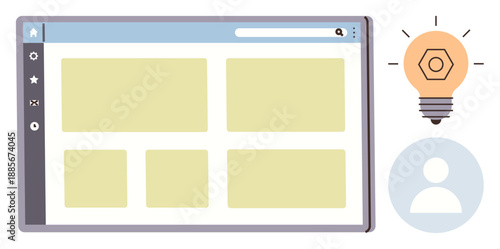 UX design, digital creativity, idea generation, user profiles, innovation, and web development. A browser window, light bulb and user icon are . UX design and digital creativity concept