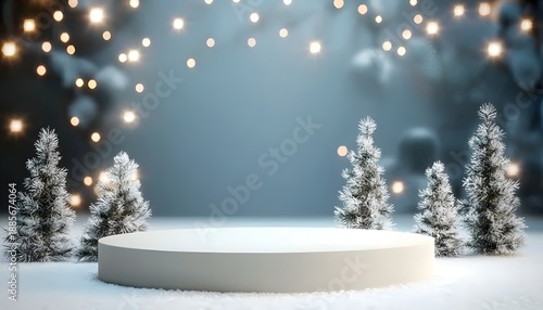 Wallpaper Mural Winter Podium Display with Snowy Trees and Festive Lights Background Torontodigital.ca