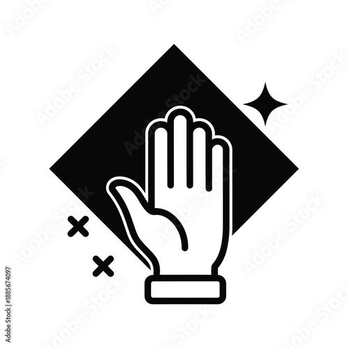 Vector illustration icon black and white illustration of a hand with palm facing forward in front of a diamond shape with sparkles and x marks around it