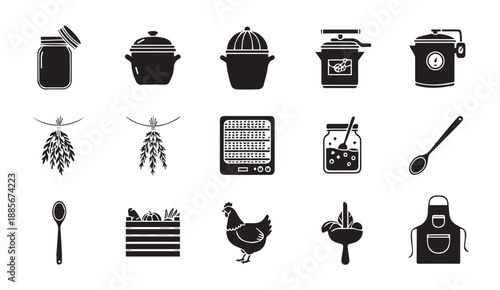 Black and white kitchen icons including pots, jars, utensils, and food items on white background