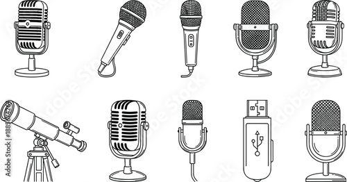 Collection of detailed vintage and modern microphones, handheld mics, studio recording equipment, USB microphone, and telescope illustration in clean line style