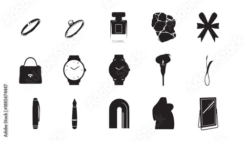 Collection of 15 black and white icons for fashion, beauty, and accessories