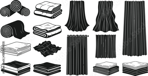Collection of fabric items including folded towels, blankets, rolled textiles, and hanging curtains, detailed monochrome illustration for home decor and textile design