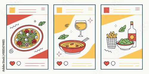 A sequence of three mock social media posts displays prepared meals such as pasta, wine, and fried snacks for online advertising.