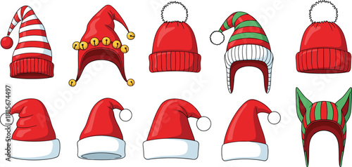 Collection of festive Christmas hats, colorful winter holiday headwear illustrations, Santa hats and elf caps, cartoon seasonal accessories for decoration