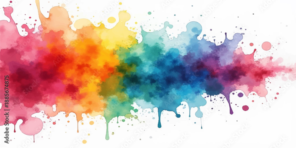Obraz premium Artistic watercolor background featuring colorful paint splashes and ink splatters on a grunge paper texture with a vibrant rainbow design element