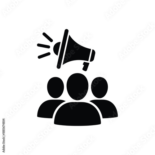 Vector illustration icon a black and white icon of three people with a megaphone announcing or speaking to them
