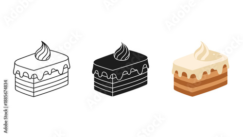 Three slices of cake with different designs on white background