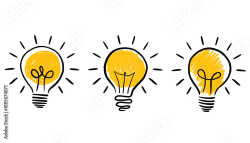 Creative idea icon set. Linear glowing lightbulb with brain symbol vector. Solid icon in doodle style. Light bulb, brainstorming, solution, thinking and innovation icons. Bright electric lamp outline