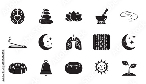 Black vector icons of meditation and mindfulness symbols on white background