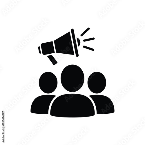 Vector illustration icon a black silhouette of three people with a megaphone above them