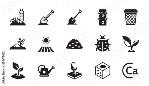 Collection of 15 black and white icons related to gardening and agriculture