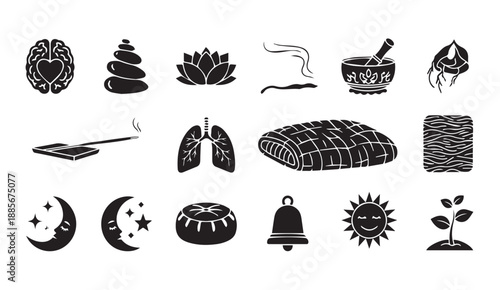 Black vector icons for mindfulness, meditation, and wellness concepts including brain, heart, lotus, and nature symbols.