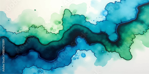 An abstract blue watercolor texture background featuring a world map illustration with grunge paint splashes and green land shapes on artistic paper