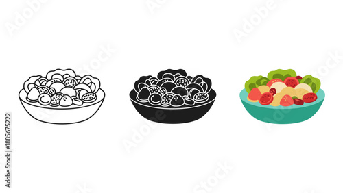 Three bowls of salad with different styles and colors