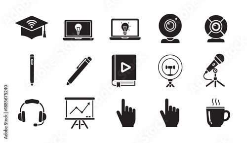 Black vector icons for online education, learning, and business communication tools and concepts.