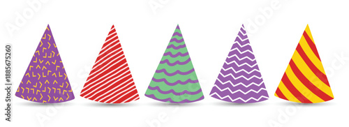 Hand drawn birthday party hats doodle for festive. Party horns set on white. Children, kids design elements with colorful stripes for celebration. Party cone, christmas cap with cute decoration
