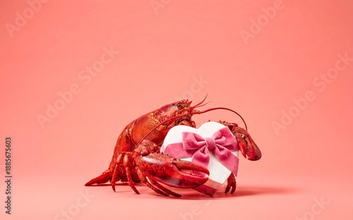 Red lobster holding white heart shaped gift box with pink velvet bow, romantic seafood humor for Valentine Day