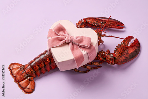 Red lobster holding a pink heart-shaped gift box with velvet ribbon, lavender background, Valentine's day seafood celebration