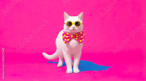 White cat wearing yellow sunglasses and pink polka-dot bowtie on vibrant pink background with blue shadow