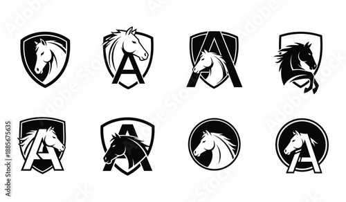 Collection of eight black and white horse head logos within shields and circles Keywords: horse, logo, shield, circle, black and white, emblem, symbol, icon, design, graphic, animal, equestrian