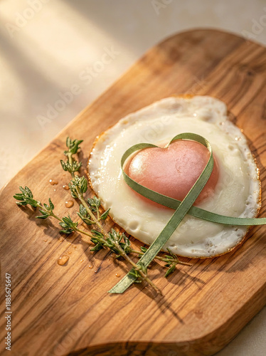 Fried egg on olive wood board with green ribbon heart, sprigs of fresh thyme, romantic breakfast, Valentine's Day meal