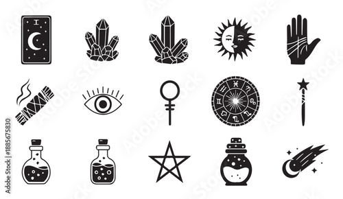 Black and white mystical symbols and icons for tarot cards, crystals, magic, and astrology