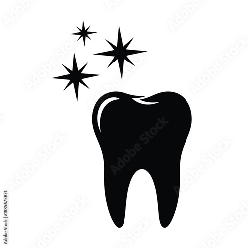 Vector illustration icon black silhouette of a tooth with sparkling stars coming out of it