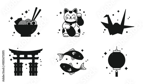 Collection of black Japanese cultural icons including ramen, maneki-neko, origami crane, torii gate, fish, and lantern Keywords: Japanese, icons, symbols, ramen, noodles, chopsticks, maneki-neko