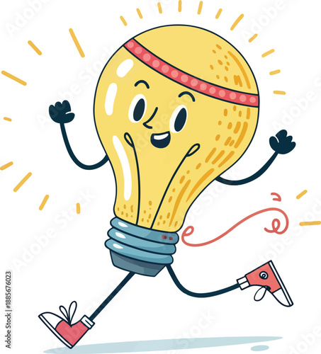 Enthusiastic light bulb character with a running headband, radiating light and generating brilliant ideas with energy.